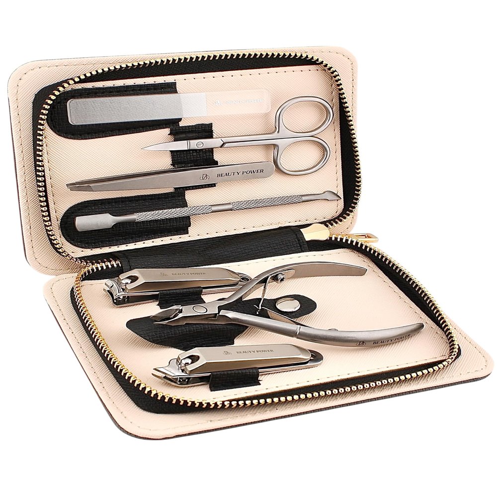 Beauty Power Manicure Pedicure Set 7-in-1 Stainless Steel, Ultra Sharp, Slanted Nail Clipper, Fingernail Clipper, Cuticle Nipper, Glass Nail File, Eyebrow Tweezers, Scissors, Case  Gift (Matte Gray)