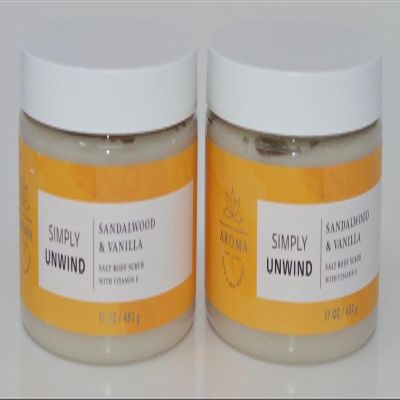 2 BATH BODY AROMATHERAPY SIMPLY UNWIND SANDALWOOD VANILLA SALT SCRUB