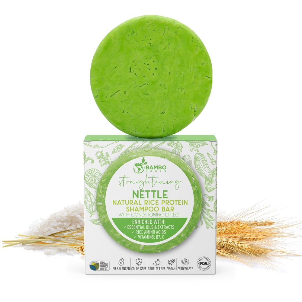 BAMBOEARTH Solid Rice Protein Water Shampoo Bar With Conditioner Effect Hair Soap Shampoo Bars For Hair With All Natural Plant Based Essential Oils And Zero Waste Packaging (Nettle)