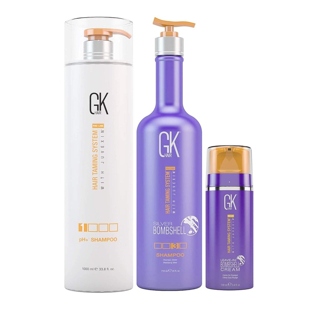 GK HAIR pH+ Pre-Treatment Clarifying Shampoo 1000ml, Silver Bombshell Shampoo 710ml with Leave-In Bombshell Cream 100ml - Ultimate Hair Care Set for Damage, Dull Blonde and Gray Hair