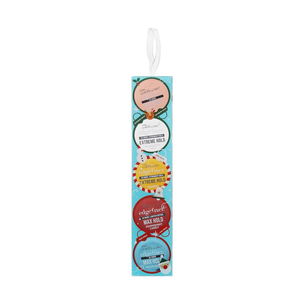 KISS Colors & Care Special Limited Edition Edge Fixer Holiday Gift Set, Extreme Hold & Maximum Hold Hair Styling Edge Control Gel for Textured Hair, Biotin Infused, 5 Assorted Scents, 1 oz.(30mL) Each