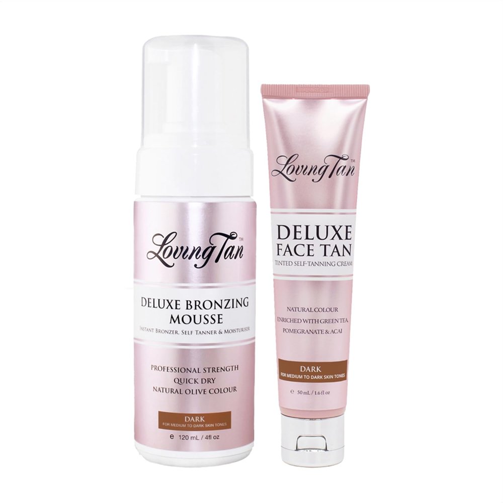 Loving Tan Deluxe Bronzing Mousse (4FL Oz) + Face Tan (1.6Oz), Dark - Streak Free, Natural looking, Professional Strength Sunless Tanner - Cruelty Free, Naturally Derived DHA