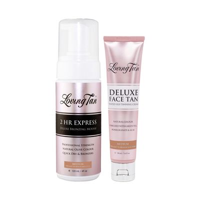 Loving Tan 2 HR Express Mousse (4FL Oz) + Face Tan (1.6Oz), Medium - Streak Free, Natural looking, Professional Strength Sunless Tanner - Cruelty Free, Naturally Derived DHA