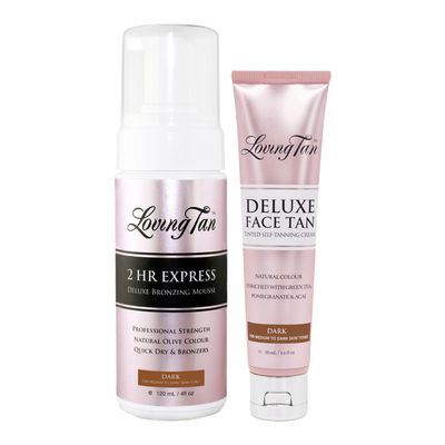 Loving Tan 2 HR Express Mousse (4FL Oz) + Face Tan (1.6Oz), Dark - Streak Free, Natural looking, Professional Strength Sunless Tanner - Cruelty Free, Naturally Derived DHA
