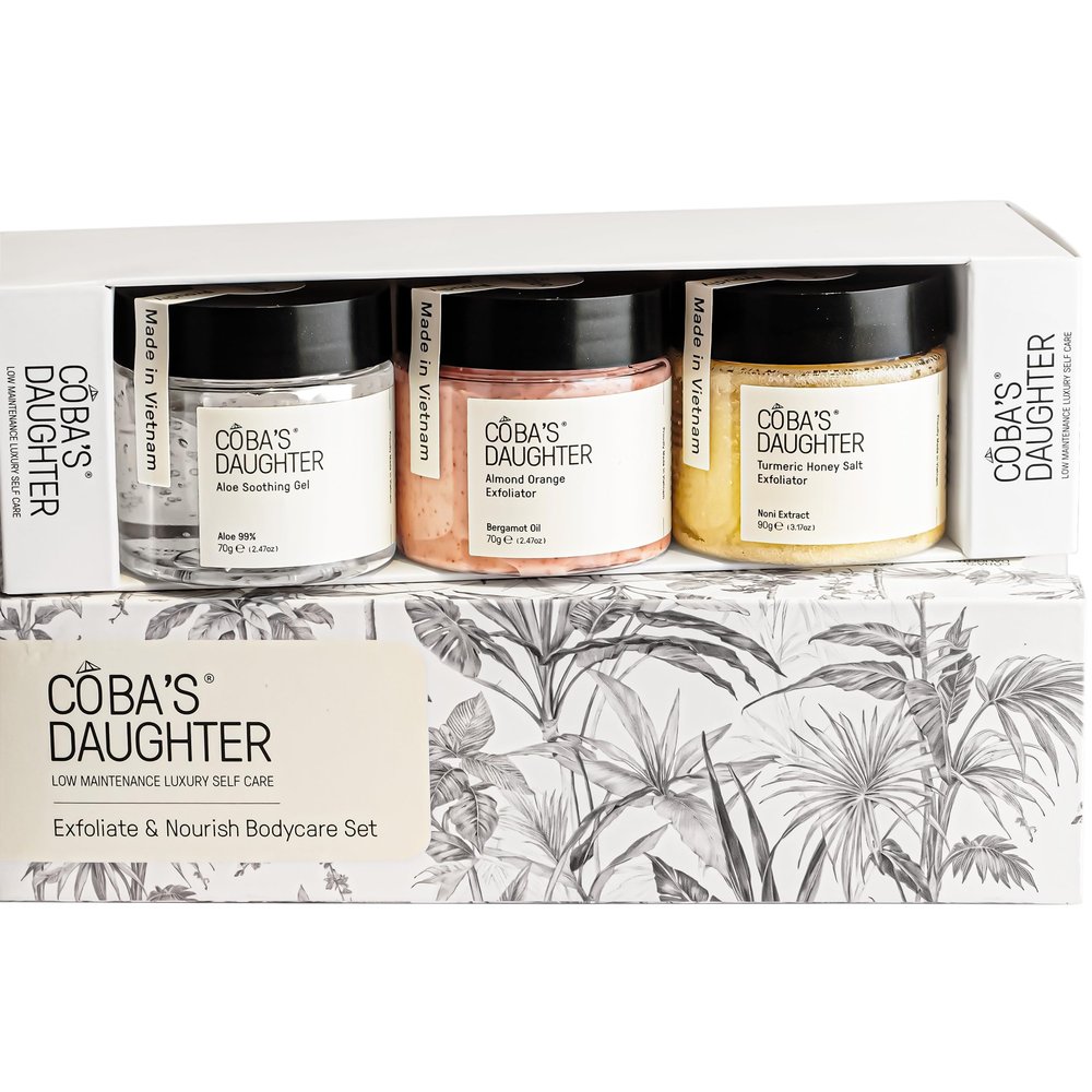 COBA'S DAUGHTER Luxury Spa Gift Set for Women  3-Piece Mini Body Scrub Trio with Honey Turmeric, Almond Orange & Aloe Vera  Travel Size Self-Care Gift for Holiday, Christmas, Birthday, Wedding Favor