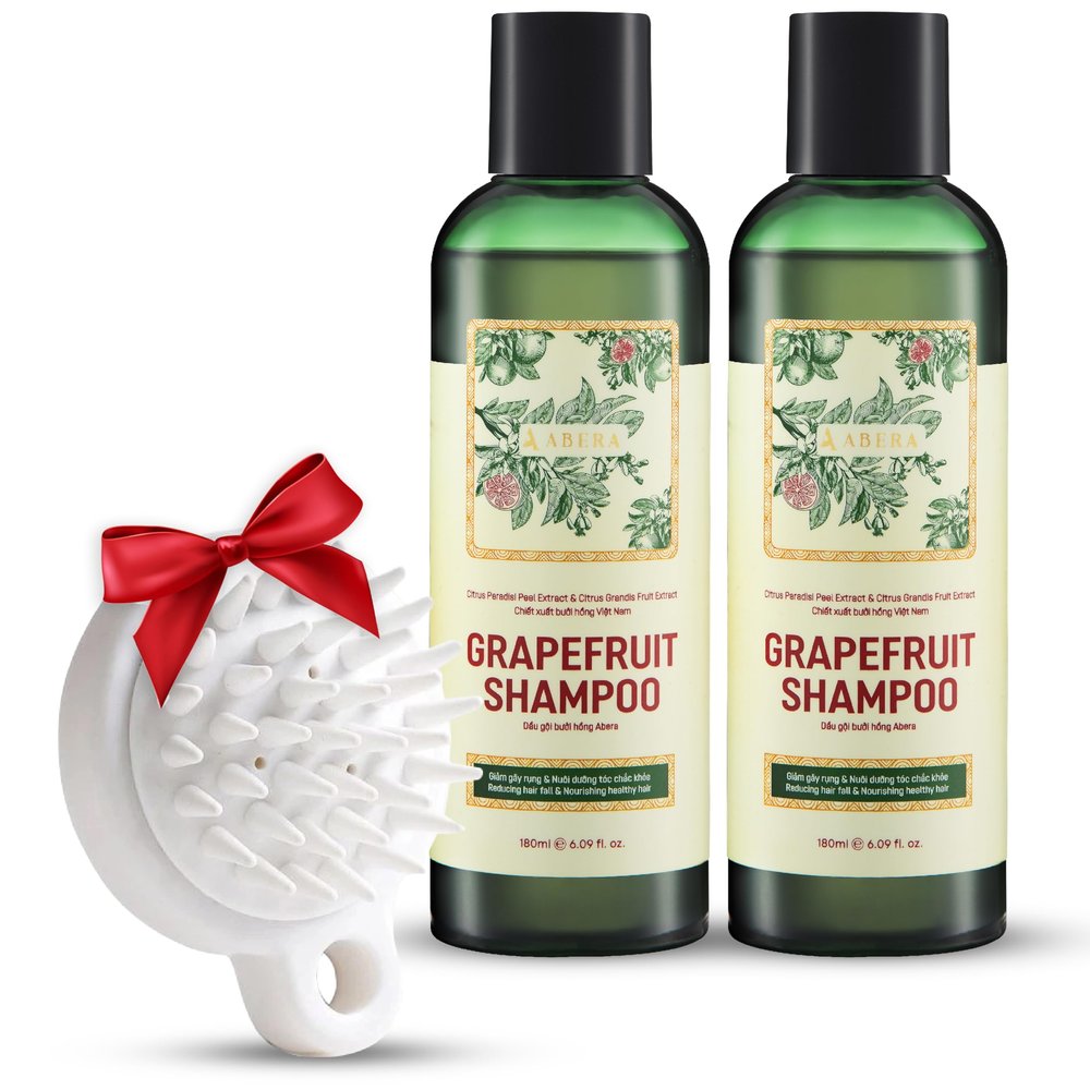 New Abera Grapefruit Hair Growth Shampoo for Damaged, Weak, Thinning Hair with Citrus Paradisi Peel Extract, Flavonoids and Vitamin C, Repairs and Strengthens Hair, 2 Bottles + Gift Scalp Brush