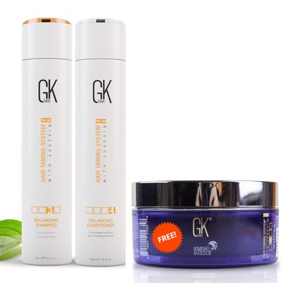 GK HAIR Global Keratin Balancing Shampoo and Conditioner Duo 300ml, Red Red Bombshell Masque 200g Haircare Kit
