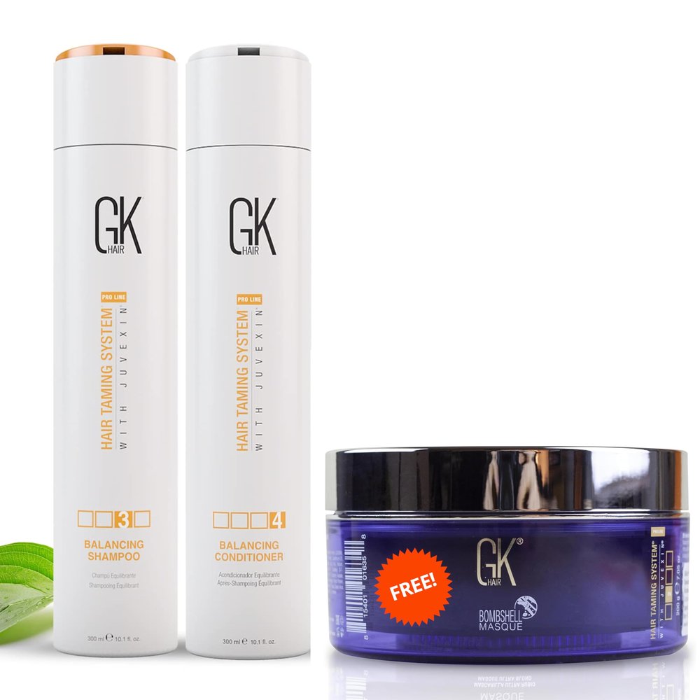 GK HAIR Global Keratin Balancing Shampoo and Conditioner Duo 300ml, Red Red Bombshell Masque 200g Haircare Kit