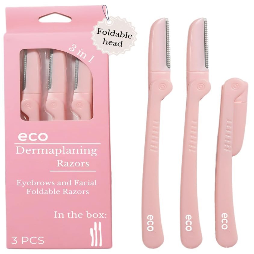 Dermaplaning Tool - Foldable Facial Razor for Women and Men, (3ct) | Womens Facial Peach Fuzz Remover & Eyebrow Trimmer, Dermaplaning Razor, Face Razors for Women, 3 pc (Pink)