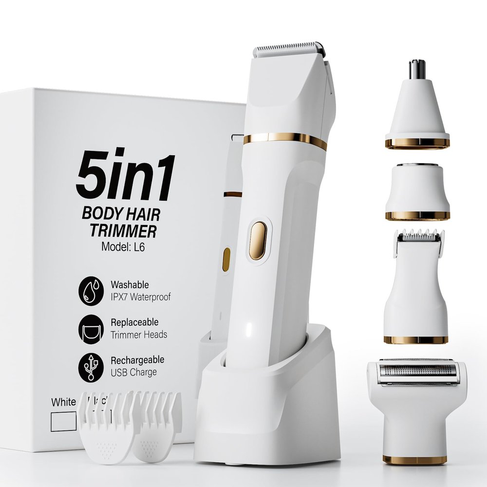 Electric Razors for Women, 5-in-1 Wet/Dry Bikini Trimmer with USB Charge Dock, Deluxe Facial Hair Removal, Wet/Dry Body Shaver for Nose Eyebrows Beard Underarm Leg Arm, IPX7 Waterproof (White)