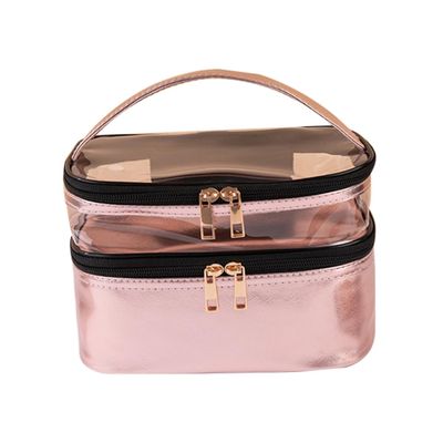 Mikinona 1pc Travel Makeup Bag Dual-layer Cosmetic Storage Organizer for Women Stylish Pink Toiletry Bag for Travel and Daily Use
