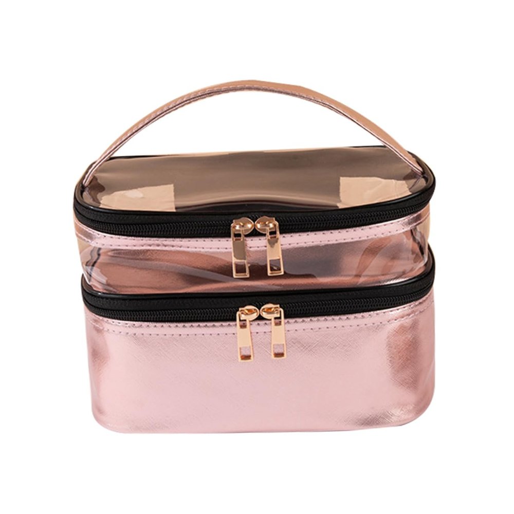 Mikinona 1pc Travel Makeup Bag Dual-layer Cosmetic Storage Organizer for Women Stylish Pink Toiletry Bag for Travel and Daily Use