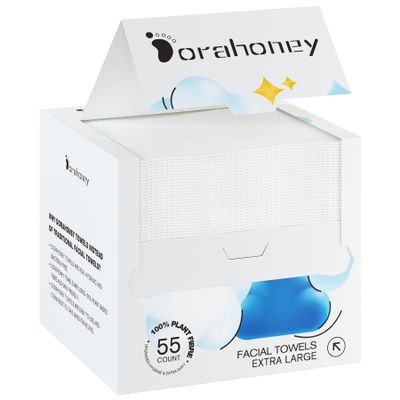 Dorahoney Disposable Face Towels, 12"12" Extra Large Face Towelettes, Ultra Soft Facial Towels for Sensitive Skin, Makeup Remover Dry Wipes, 55 Count (1 Pack)