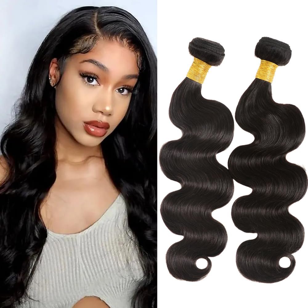 100% Unprocessed Brazilian Virgin Human Hair Bundles, Body Wave Hair Extensions 2 Bundles, Natural Black, 18 & 20 Inch