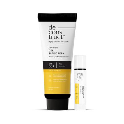 Deconstruct Glow Guard Duo | Brightening Lip Balm (4g) + Gel Sunscreen (50 g) | Lip Balm- | Brightens Pigmented Lips |Sunscreen- SPF 50+ Gel based for all skin types | Pack of 2