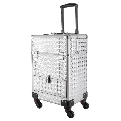 KJNHhugH Professional Makeup Case Trolley, Rolling Nail Case Wheeled Manicure Storage Case Cosmetic Trolley Cosmetologist Stylist Case for Studio or Travelling, 13.4x9.8x18.5Inch (Sliver)