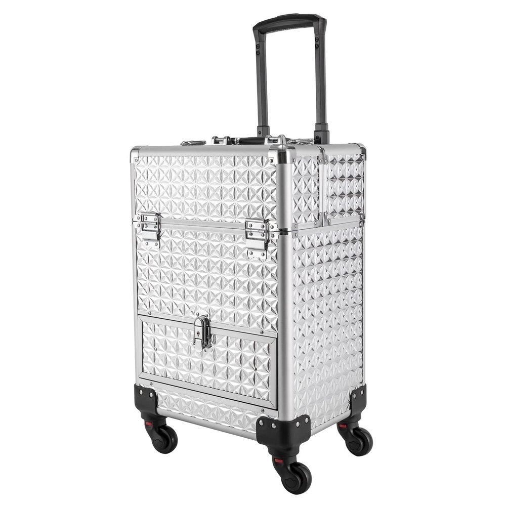 KJNHhugH Professional Makeup Case Trolley, Rolling Nail Case Wheeled Manicure Storage Case Cosmetic Trolley Cosmetologist Stylist Case for Studio or Travelling, 13.4x9.8x18.5Inch (Sliver)