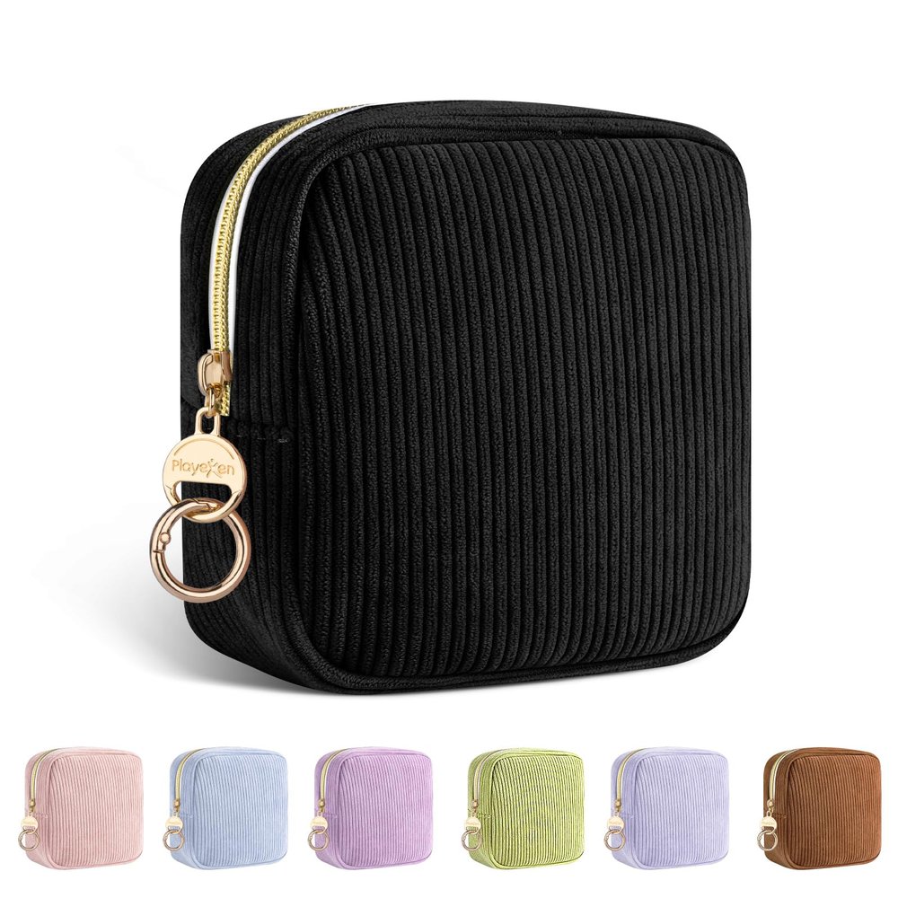 Playexen Period Bag for Teen Girls, Corduroy Sanitary Napkin Pouch, Black