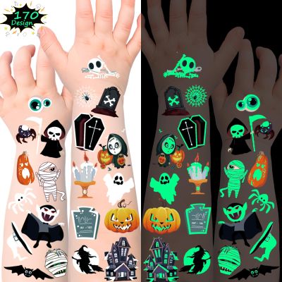 170 Styles Glow in the Dark Halloween Tattoos for Kids Temporary Tattoo Luminous Stickers for Boys Girls Pumpkin Ghost Party Decorations Favors Supplies Trick or Treat Birthday Party 20 Sheets