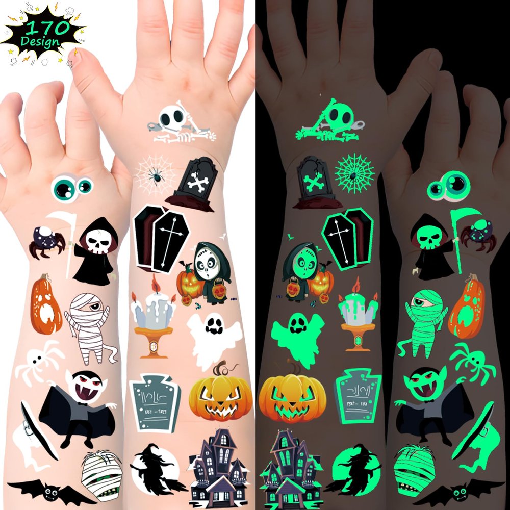 170 Styles Glow in the Dark Halloween Tattoos for Kids Temporary Tattoo Luminous Stickers for Boys Girls Pumpkin Ghost Party Decorations Favors Supplies Trick or Treat Birthday Party 20 Sheets