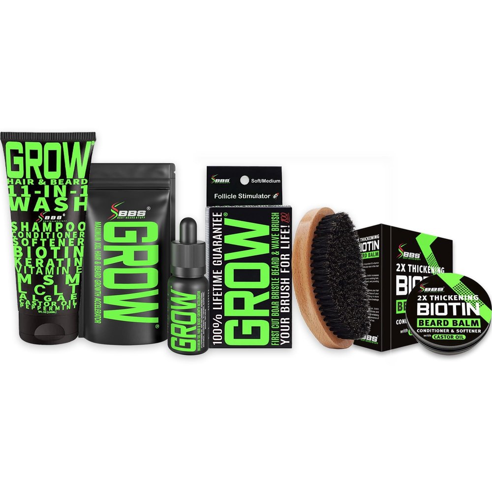 Beard Growth Kit w/GROW 11-in-1 Hair Growth Shampoo for Men w/Biotin + 2X Biotin Mustache Wax + Lifetime Replacement Boar Bristle Brush & 360 Wave Brush + GROW XXL Beard Oil (Made in America)