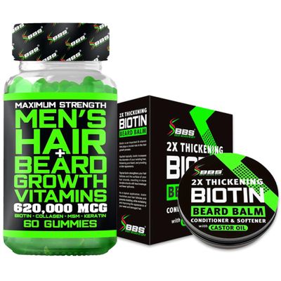Beard Growth Kit w/ 2X Thickening Biotin Balm & Mustache Wax for Men + 620,000mcg 14-in-1 BIOTIN Gummies Beard Growth Vitamins & Hair Growth Vitamins for Men - Formulated in America