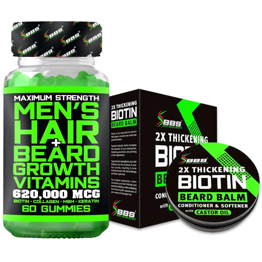 Beard Growth Kit w/ 2X Thickening Biotin Balm & Mustache Wax for Men + 620,000mcg 14-in-1 BIOTIN Gummies Beard Growth Vitamins & Hair Growth Vitamins for Men - Formulated in America