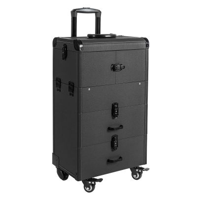 Dodoam Rolling Makeup Train Case,Portable Cosmetic Organizer Trolley Lockable Rolling Make-ups Case Storage Cart w/4 Removable Wheels & 2 Sliding Drawers (Black)