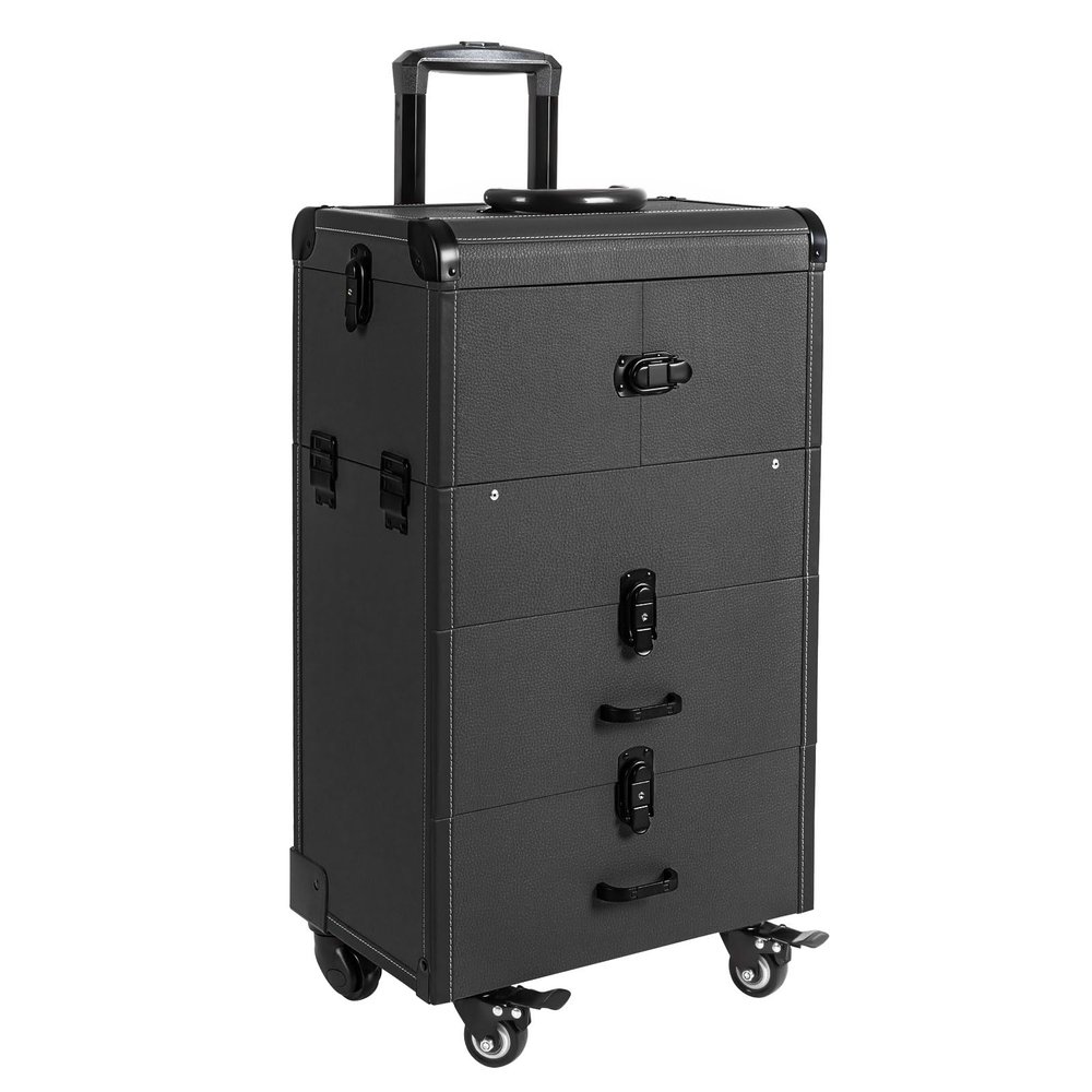 Dodoam Rolling Makeup Train Case,Portable Cosmetic Organizer Trolley Lockable Rolling Make-ups Case Storage Cart w/4 Removable Wheels & 2 Sliding Drawers (Black)
