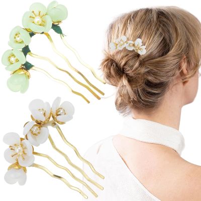 2 PACK Hair Fork Clip, Jade Flower Hairpins, Green and White Hair Fork Clip, Vintage Flower Hair Stick, Side Hair Comb 4 Prong Hair Bun Hairpin Sticks Hair Pins Hair Accessories
