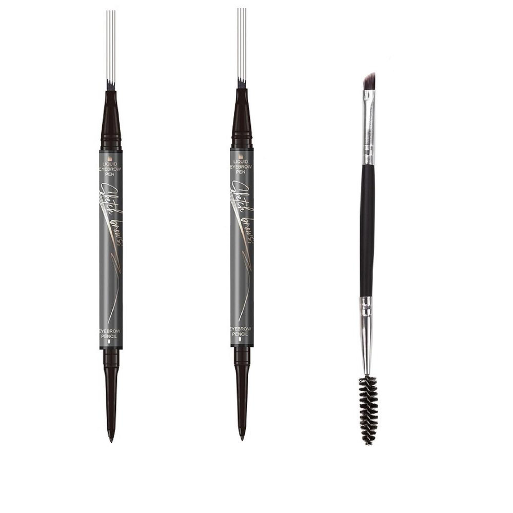 3 Packs 2-in-1 Dual-Ended Waterproof Eyebrow Pencil with 4-Fork-Tip Brow Pen and Precise Brow Pencil Create Natural Hair-Like Brows, with Dual-ended Eyebrow Brush (3# Dark Gray)