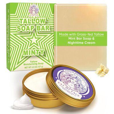 Grass-Fed Tallow Nighttime Cream and Natural Tallow Bar Soap Bundle - Restorative Cream Overnight Moisturizer Lavender Scent - Minty, Refreshing & Revitalizing for All Skin Types - 4 oz & 4.5 oz