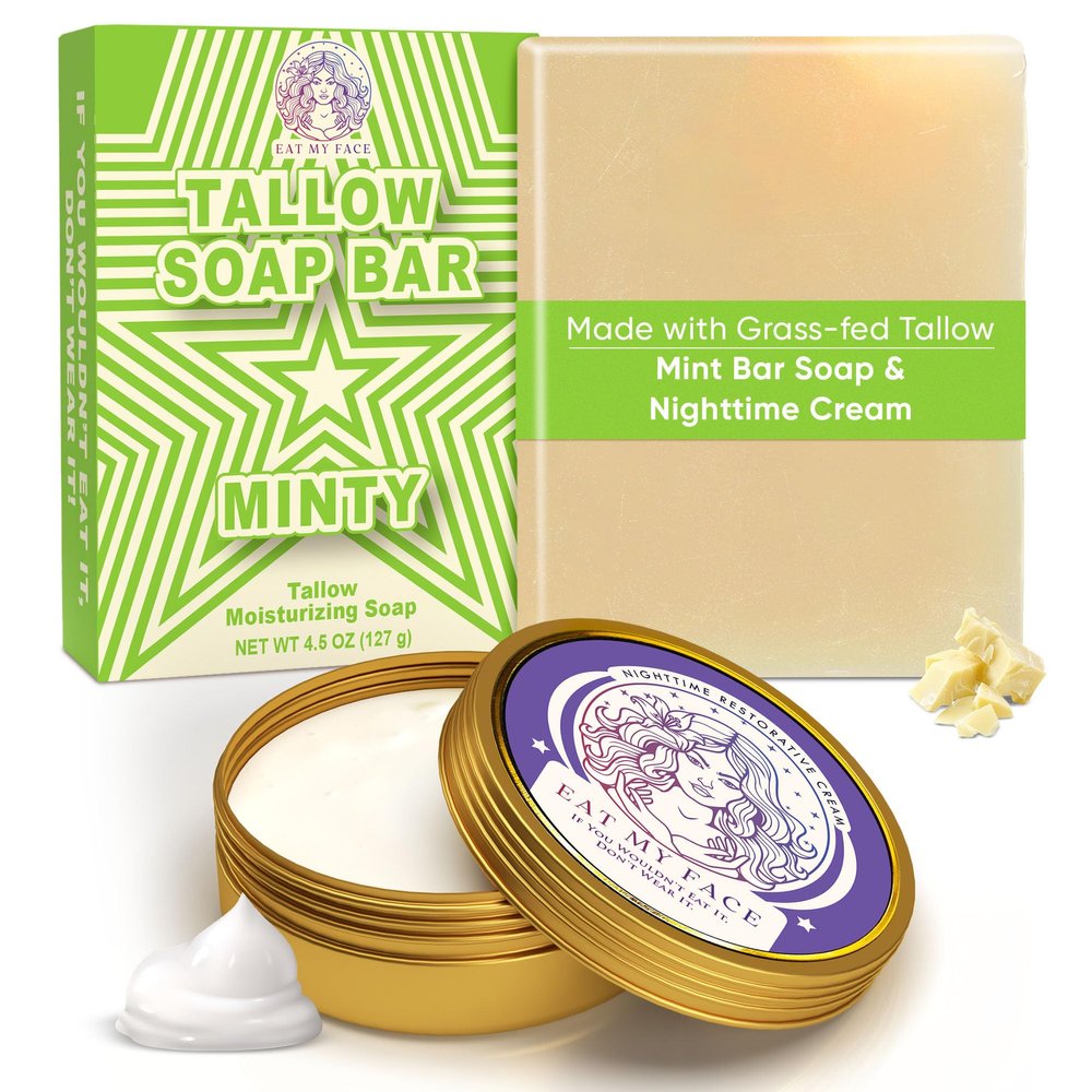 Grass-Fed Tallow Nighttime Cream and Natural Tallow Bar Soap Bundle - Restorative Cream Overnight Moisturizer Lavender Scent - Minty, Refreshing & Revitalizing for All Skin Types - 4 oz & 4.5 oz