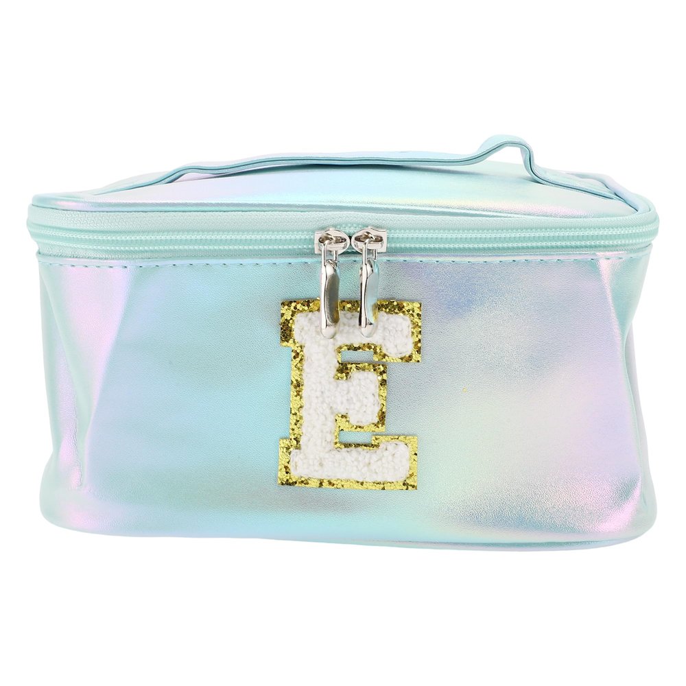VOCOSTE 1 Pc Women Square Letter E Makeup Bag for Vacation Outdoor Activities Blue