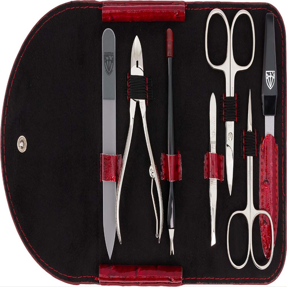 3 Swords Germany - brand quality 7 piece manicure pedicure kit set - nail care tools by 3 Swords - red ostrich optic