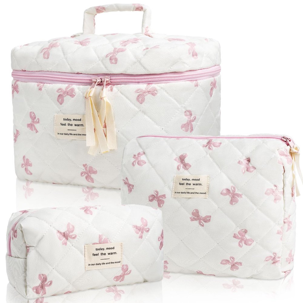 Peaujiey Quilted Makeup Bag Set, 3 PCS Pink Bow Makeup Bag for Women and Girls, Large Cotton Cosmetic Bag Pink Flower Travel Toiletry Bag