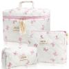 Peaujiey Quilted Makeup Bag Set, 3 PCS Pink Bow Makeup Bag for Women and Girls, Large Cotton Cosmetic Bag Pink Flower Travel Toiletry Bag view 1