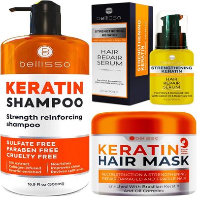 BELLISSO Keratin Hair Serum and Keratin Enriched Shampoo and Keratin Hair Mask