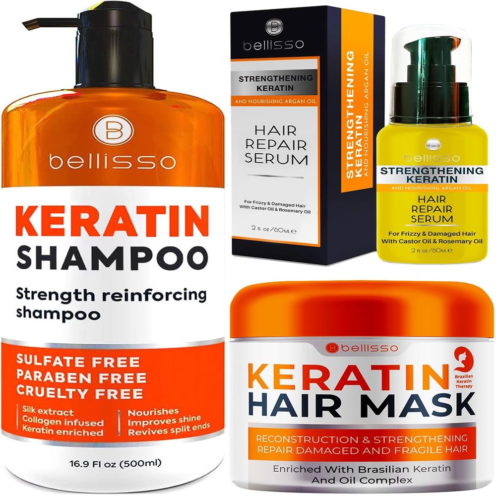 BELLISSO Keratin Hair Serum and Keratin Enriched Shampoo and Keratin Hair Mask