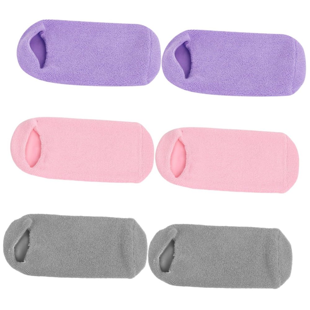 Ipetboom 3pairs Moisturizing Gel Socks for Softening and Repairing Dry Feet of Non-Slip Spa Socks in Gray Pink and Purple for Overnight Skin Care and Foot Treatment