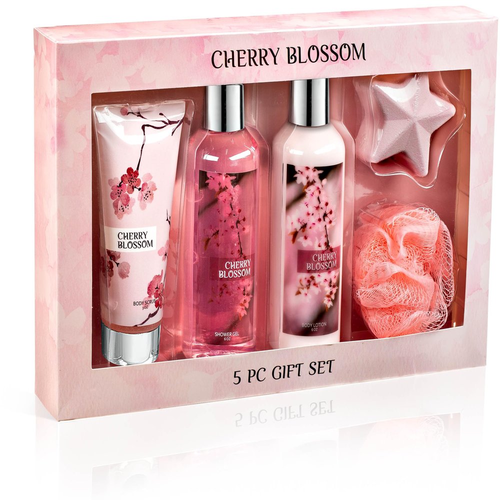 Freida & Joe Fragrance Bath & Body Collection Gift Box, Includes Shower Gel, Body Lotion, Body Scrub, Bath Bomb & Sponge (Japanese Cherry Blossom)