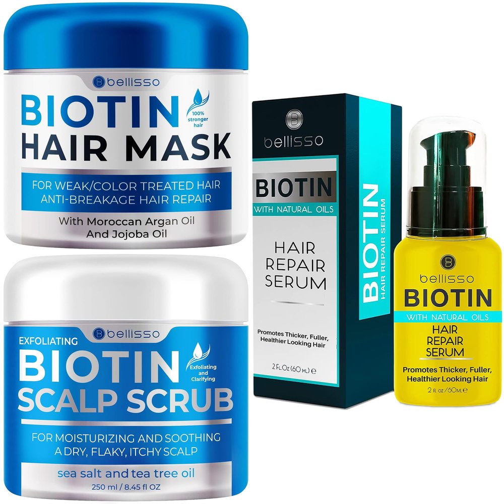 BELLISSO Biotin Scalp Scrub and Biotin Hair Mask and Biotin Hair Thickening Serum for Men and Women