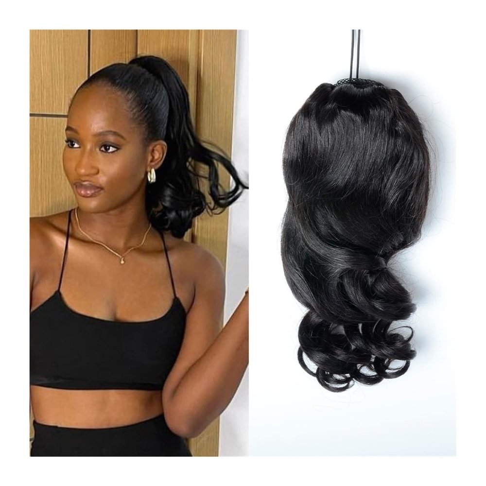 LQGIUSZI Ponytail 12-18" Brazilian Loose Wave Drawstring Ponytail Human Hair Extensions Wave Remy Human Hair 100/150g Clip in Pony Tail Natural Black Ponytails(16inch 100g)