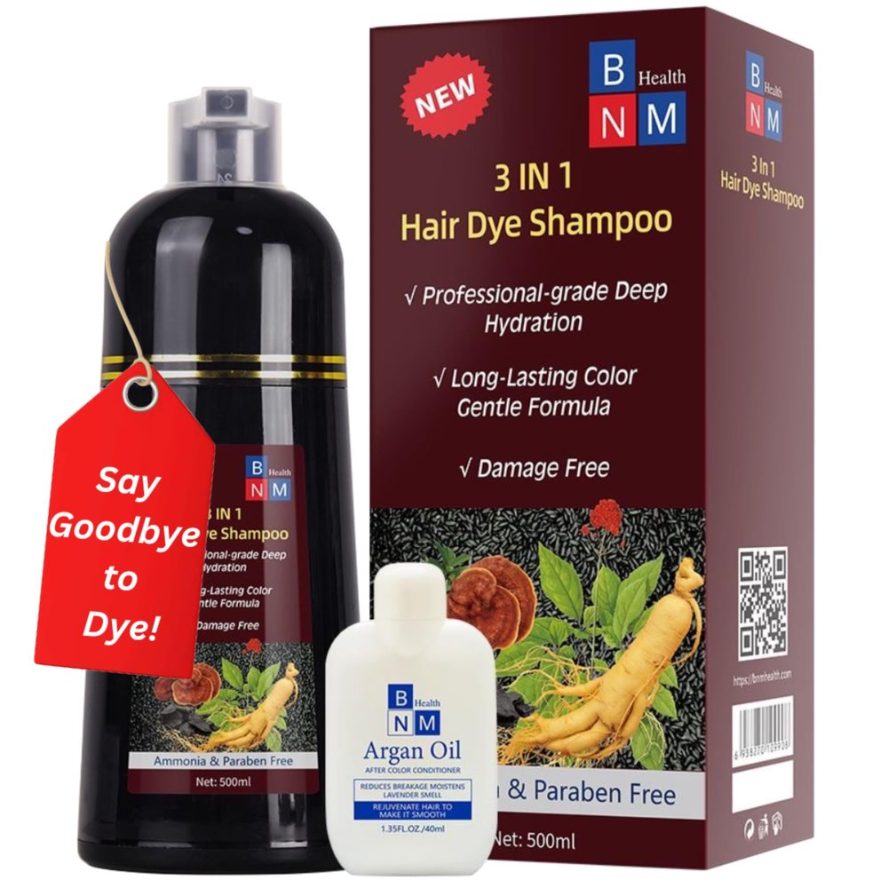 BNM Health Hair Dye Shampoo for Gray Hair  3-in-1 Natural Color, Shampoo & Conditioner  Ammonia-Free, Long-Lasting  500ml  Quick & Easy Coverage for Men & Women (Dark Wine Red)