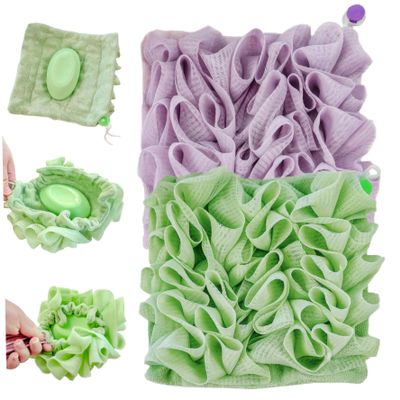 2PCS Loofah, 2 in 1 Fine Mesh Shower Loofah and Soap Storage Washcloth, Bath Sponge with Drawstring, Portable Hanging Body Scrubbe for Exfoliating