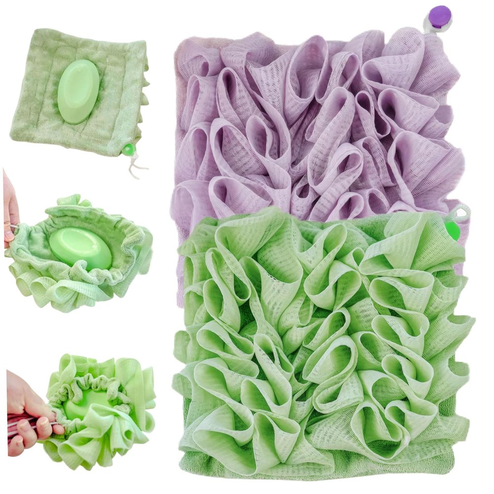2PCS Loofah, 2 in 1 Fine Mesh Shower Loofah and Soap Storage Washcloth, Bath Sponge with Drawstring, Portable Hanging Body Scrubbe for Exfoliating