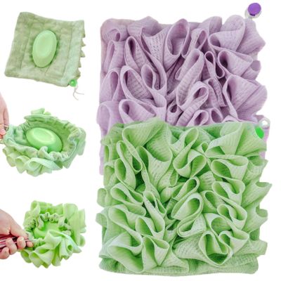 MOUNTTU 2 in 1 Washcloth Loofah Combo,2PCS Loofah Fine Mesh Shower Loofah and Soap Storage Washcloth, Bath Sponge with Drawstring Loofah Washcloth