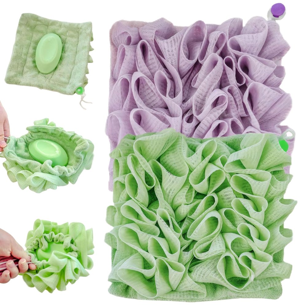 MOUNTTU 2 in 1 Washcloth Loofah Combo,2PCS Loofah Fine Mesh Shower Loofah and Soap Storage Washcloth, Bath Sponge with Drawstring Loofah Washcloth