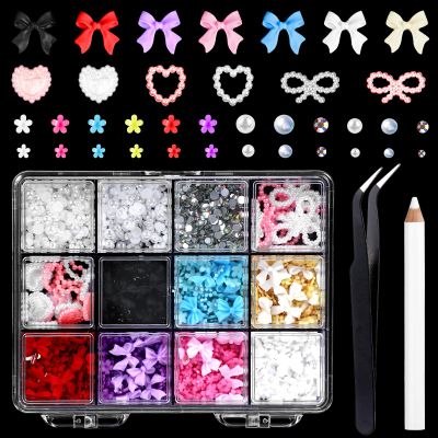 3D Nail Charms Set, 940 Pcs Color Butterfly Blossom Flower Bow Moon Heart Nail Charms Art Charms Rosettes for Nails & 3D Nail Charms Pink White Nail Decorations for DIY Nail Art Supplies Accessories