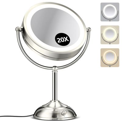 20X Magnifying Mirror with Light, Rechargeable 9" Lighted makeup mirror with magnification, 3 Color Modes, Adjustable Brightness, No Assembly Required, 360 Rotation Cosmetic Mirror, Pearl Nickel